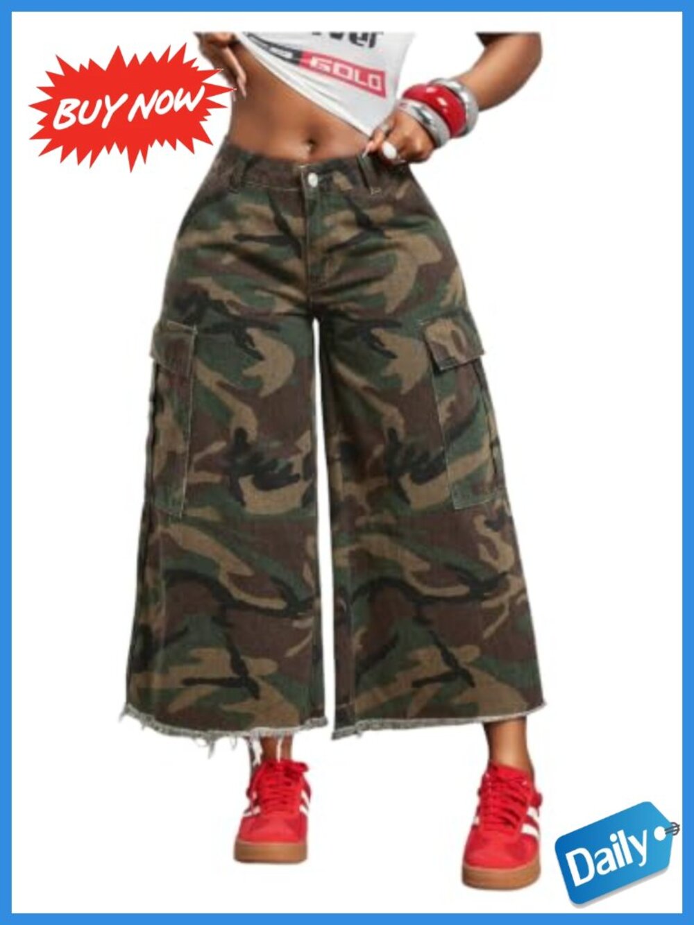 Camo Cargo Wide Leg Raw Hem Cropped Denim Pants